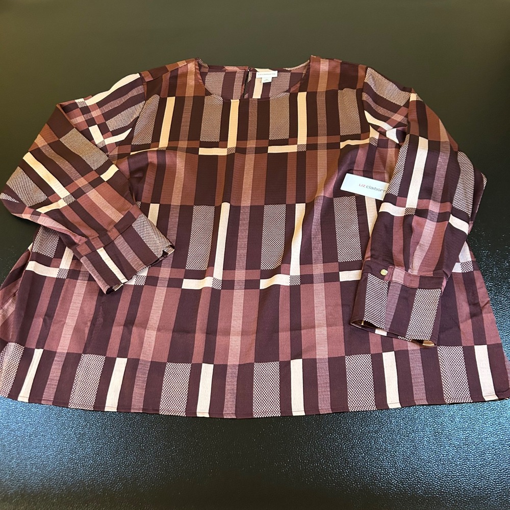 Lizโ Claiborne Plaid Tunic Top Blouse Long Sleeve Career Casual Maroon Womens 3X